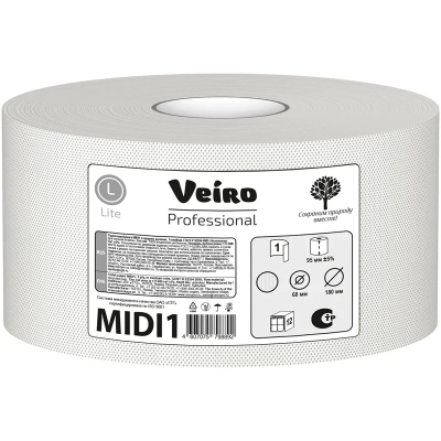 Midi1 Туалетная бумага в средних рулонах Veiro Professional Lite 1 слой, 190 метров